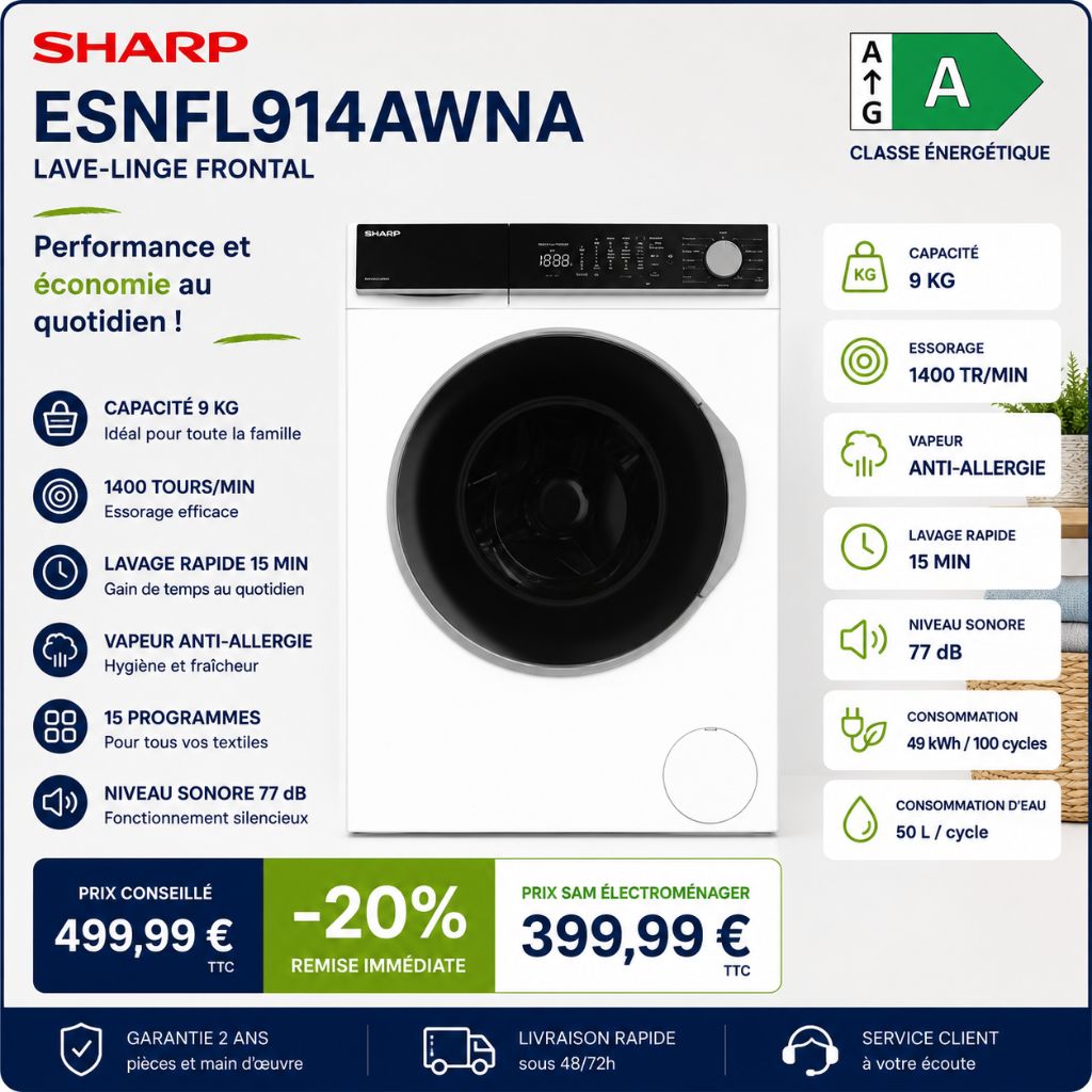 Sharp ESNFL914AWNA Neuf – Lave-linge 9 kg 1400 tr/min - Photo 1