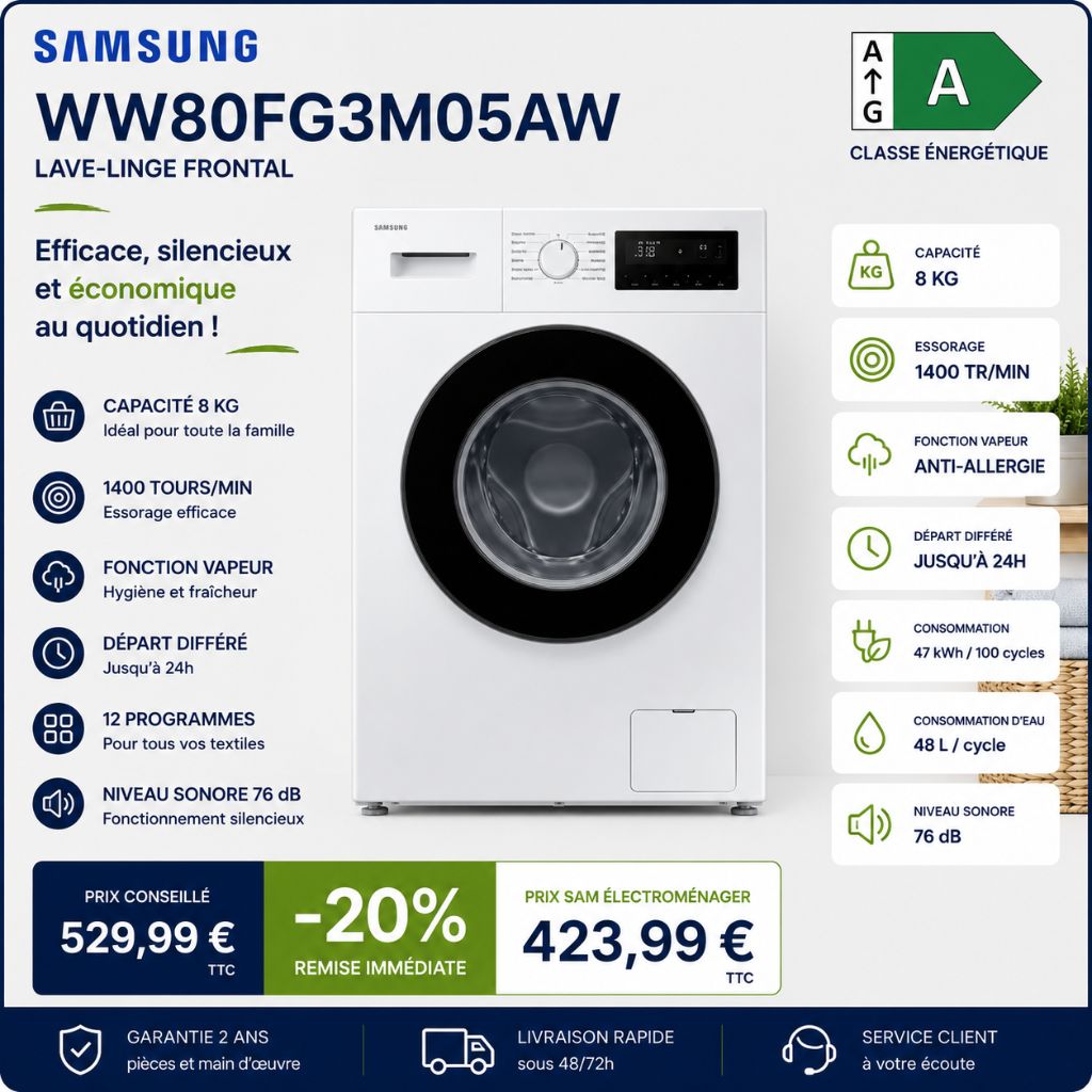 Samsung WW80FG3M05AW Neuf – Lave-linge 8 kg 1400 tr/min - Photo 1