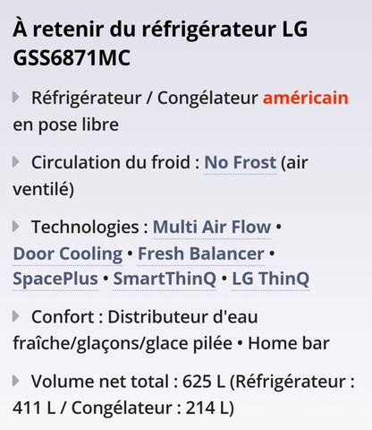 LG GSS6871MC – Réfrigérateur Américain No Frost Grande Capacité 601L - Photo 4