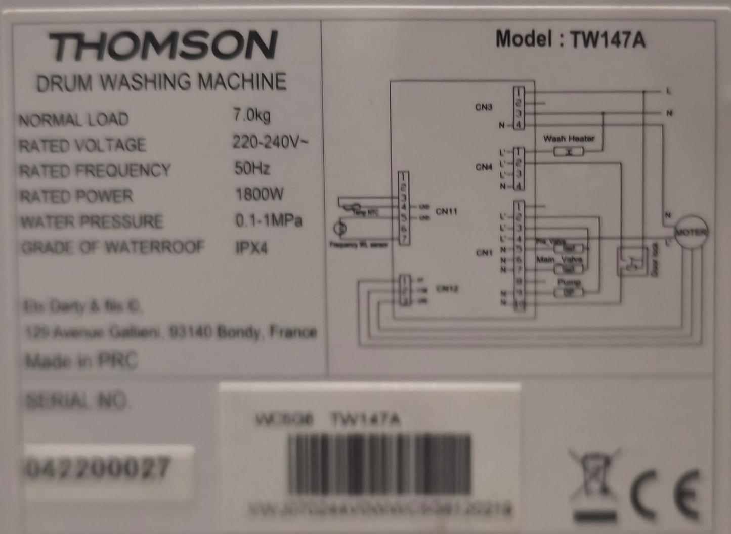 Thomson TW147A – Lave-linge hublot
